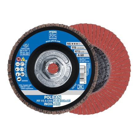 4-1/2 X 5/8-11 Thd. POLIFAN® Flap Disc - A-COOL SG INOX+ALU, Aluminum Oxide, 60 Grit, Flat